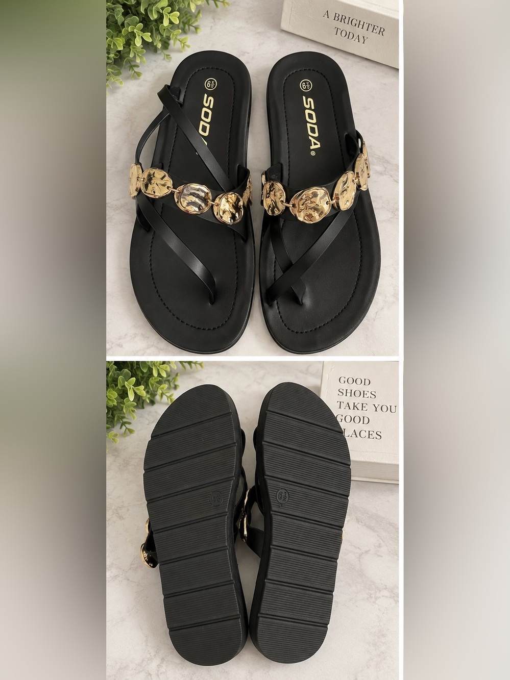 Soda Black Sandals with Gold Coin Accents